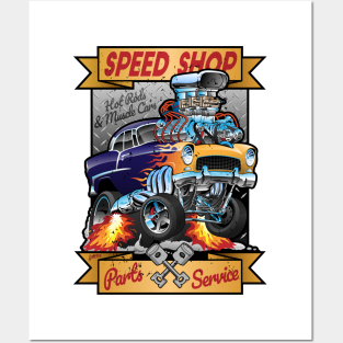 Hot Rod Wall Art - Speed Shop Hot Rod Muscle Car Parts and Service Vintage Cartoon Illustration by hobrath